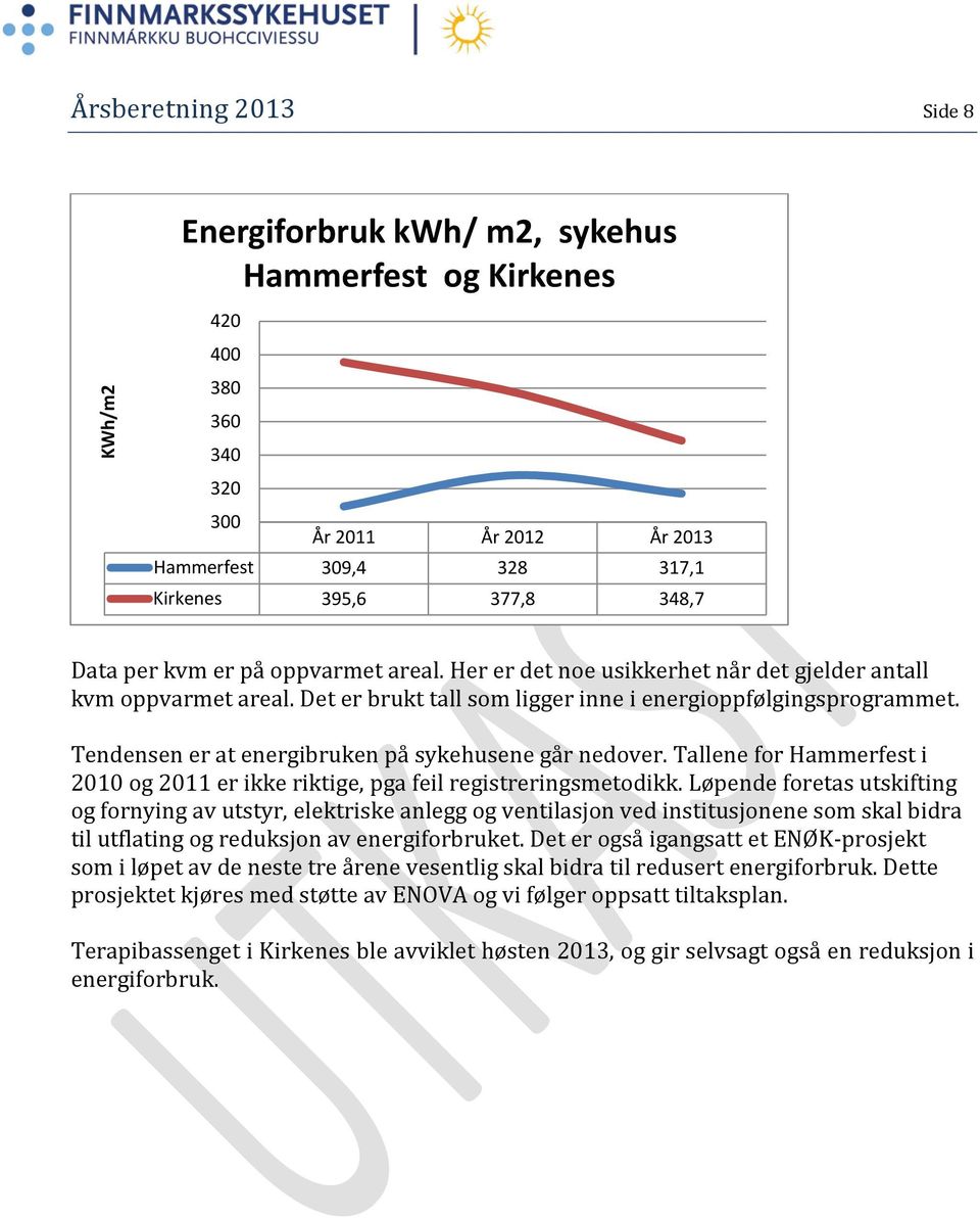 Tendensen er at energibruken på sykehusene går nedover. Tallene for Hammerfest i 2010 og 2011 er ikke riktige, pga feil registreringsmetodikk.