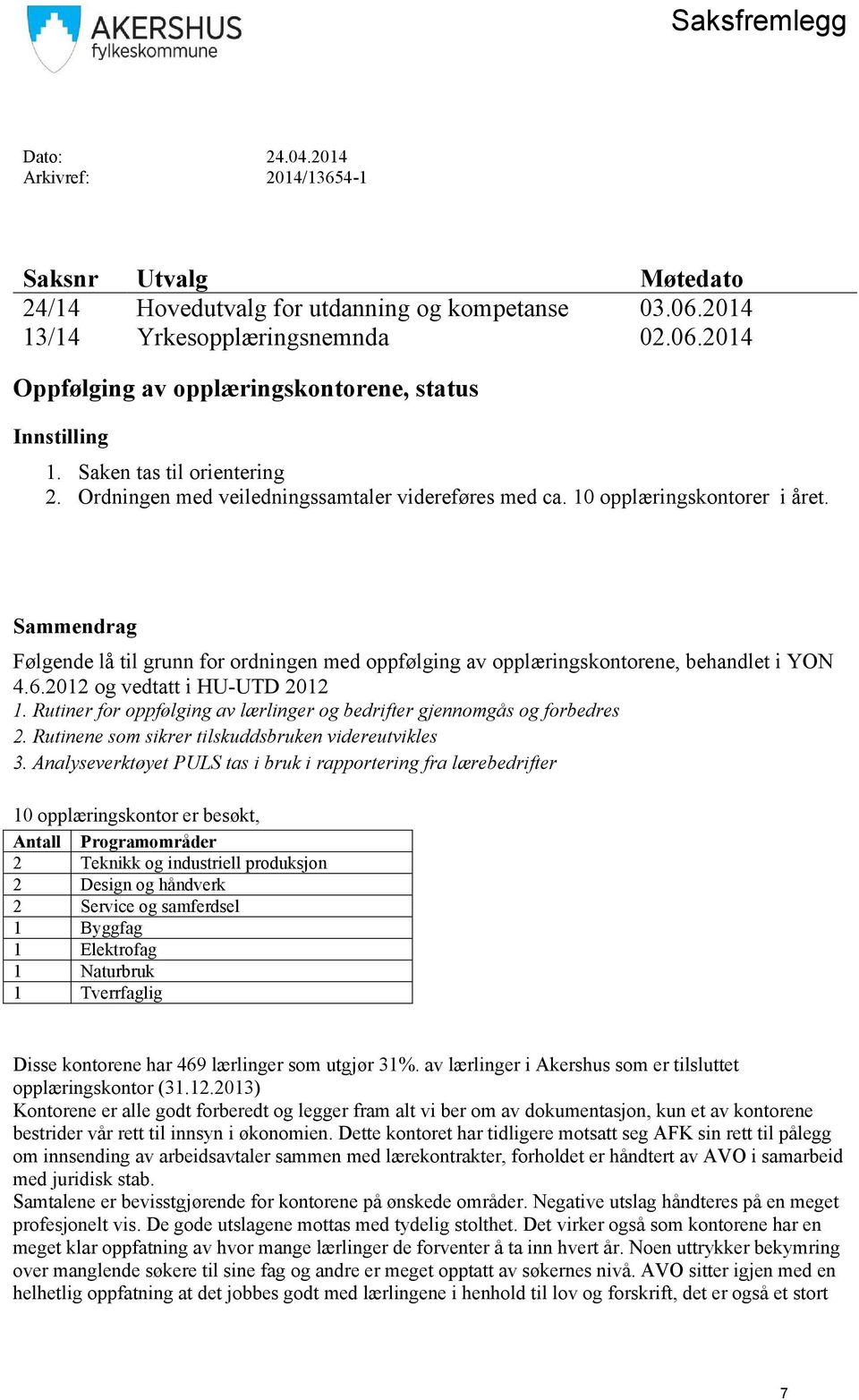 Sammendrag Følgende lå til grunn for ordningen med oppfølging av opplæringskontorene, behandlet i YON 4.6.2012 og vedtatt i HU-UTD 2012 1.