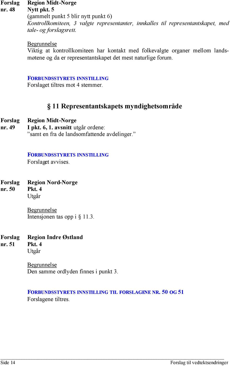 11 Representantskapets myndighetsområde nr. 49 I pkt. 6, 1. avsnitt utgår ordene: samt en fra de landsomfattende avdelinger. et avvises. Region Nord-Norge nr. 50 Pkt.