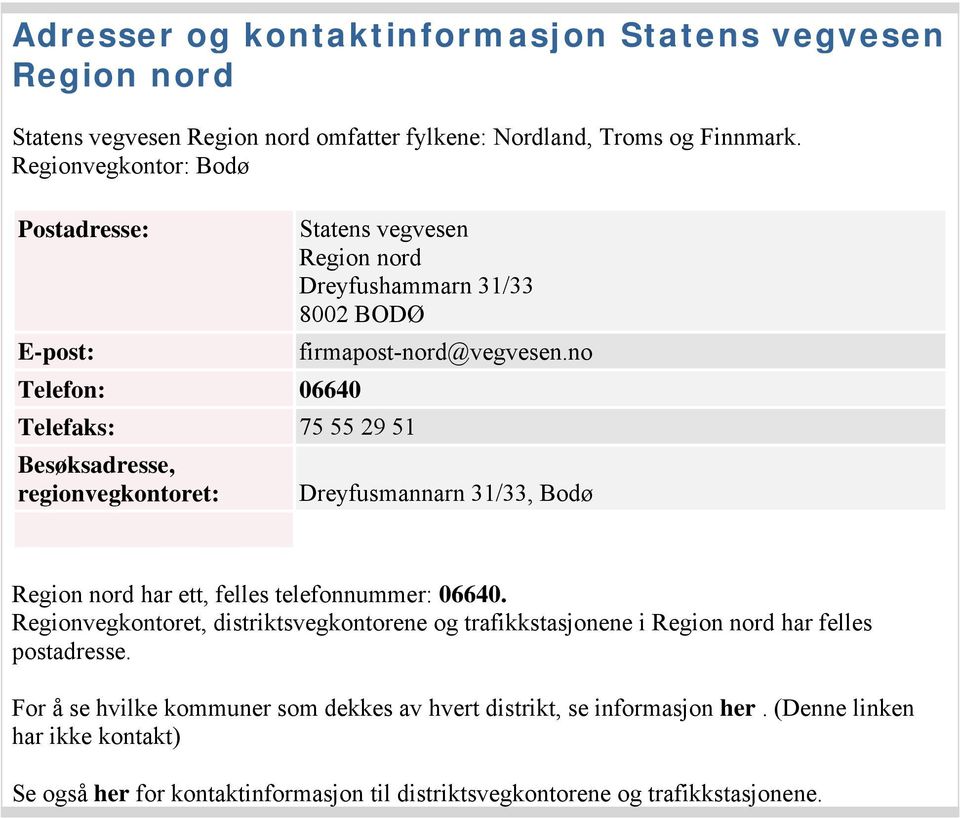 firmapost-nord@vegvesen.no Dreyfusmannarn 31/33, Bodø Region nord har ett, felles telefonnummer: 06640.