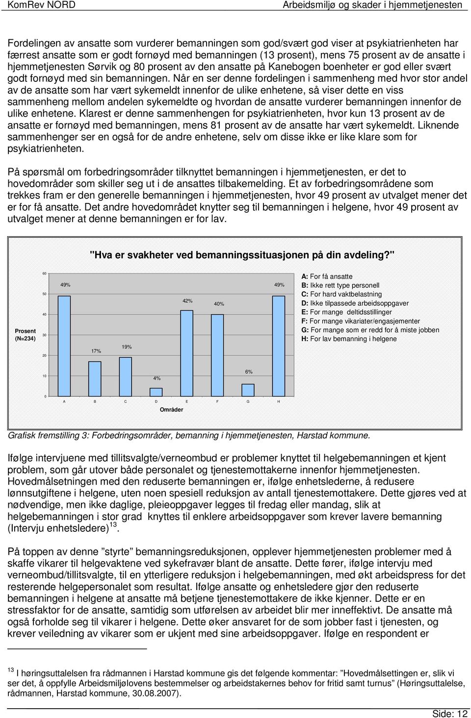 Når en ser denne fordelingen i sammenheng med hvor stor andel av de ansatte som har vært sykemeldt innenfor de ulike enhetene, så viser dette en viss sammenheng mellom andelen sykemeldte og hvordan