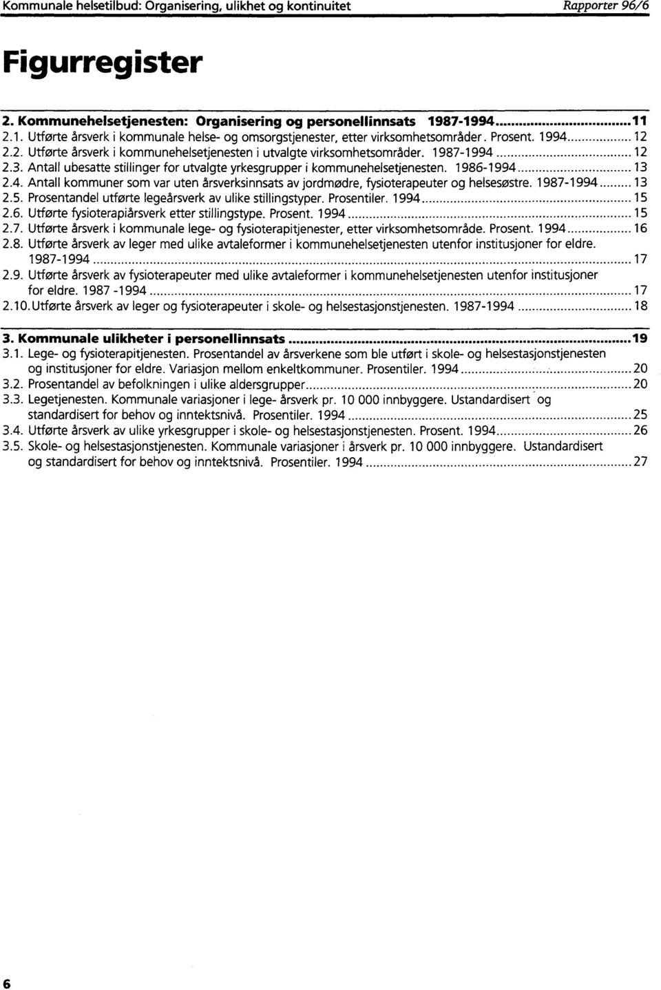 1987-1994 12 2.3. Antall ubesatte stillinger for utvalgte yrkesgrupper i kommunehelsetjenesten. 1986-1994 13 2.4. Antall kommuner som var uten årsverksinnsats av jordmødre, fysioterapeuter og helsesøstre.