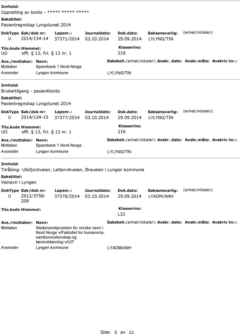 09.2014 LYLYNG/TN O 216 Sparebank 1 Nord-Norge LYLYNG/TN Tilråding- llsfjordveien, Lattervikveien, Øraveien i Veinavn i Lyngen Sak/dok nr: