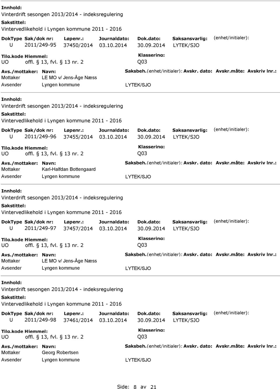 Vinterdrift sesongen 2013/2014 - indeksregulering Vintervedlikehold i 2011-2016 2011/249-97 37457/2014 O Q03 LE MO v/ Jens-Åge Næss