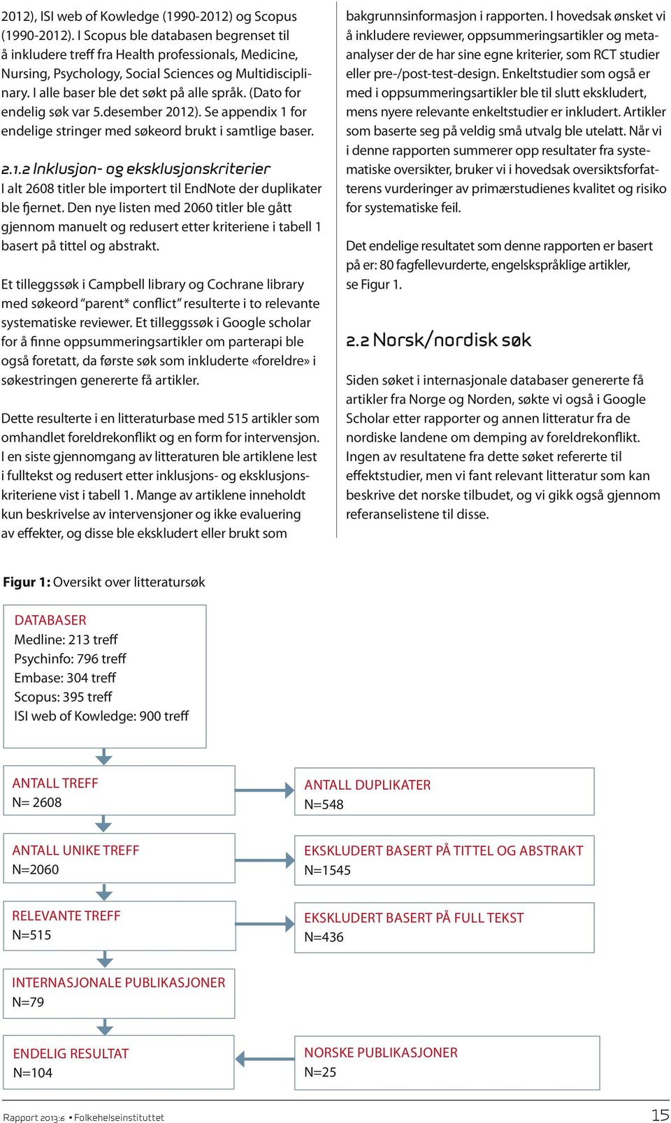 (Dato for endelig søk var 5.desember 2012). Se appendix 1 for endelige stringer med søkeord brukt i samtlige baser. 2.1.2 Inklusjon- og eksklusjonskriterier I alt 2608 titler ble importert til EndNote der duplikater ble fjernet.