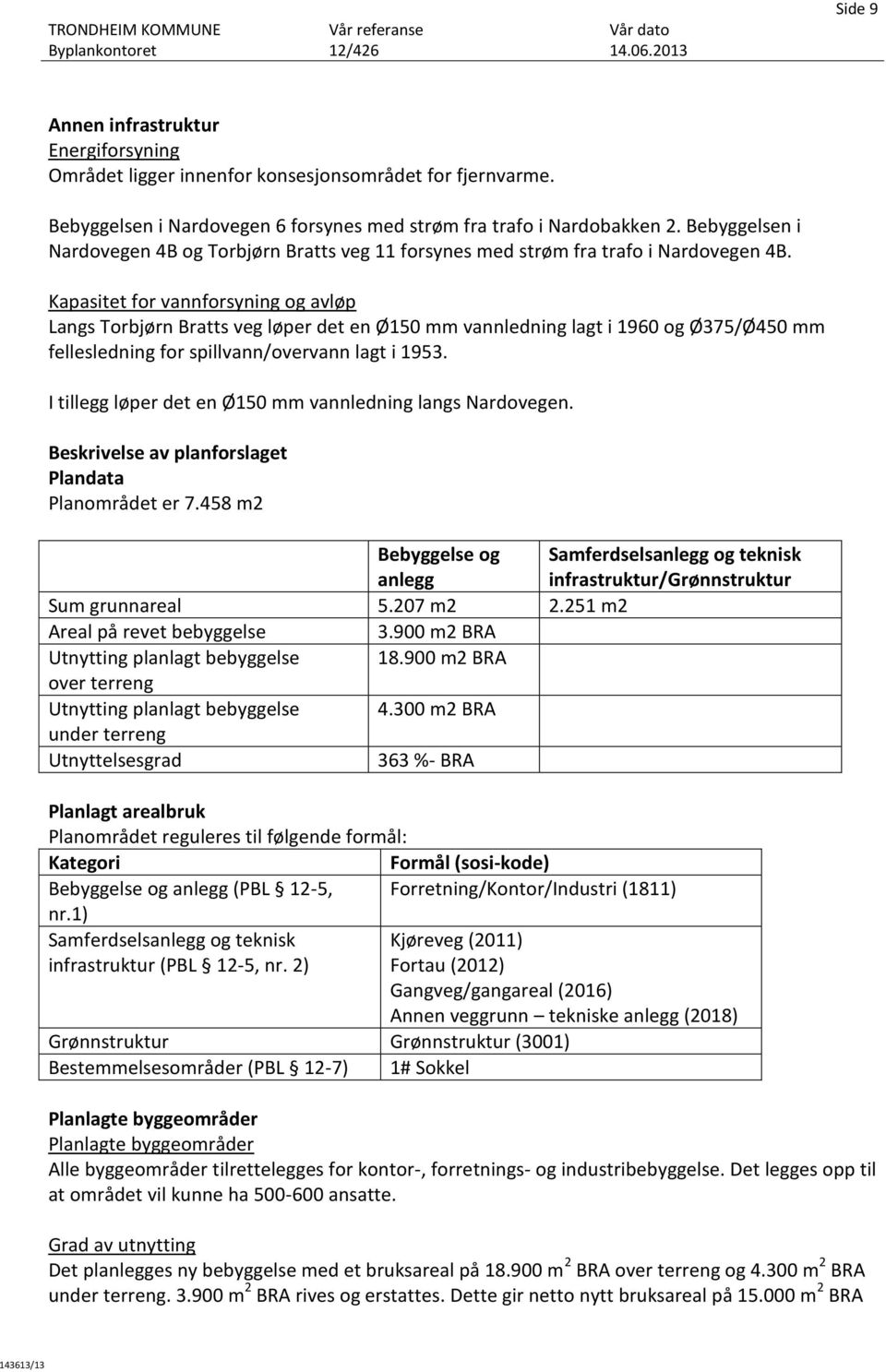 Kapasitet for vannforsyning og avløp Langs Torbjørn Bratts veg løper det en Ø150 mm vannledning lagt i 1960 og Ø375/Ø450 mm fellesledning for spillvann/overvann lagt i 1953.