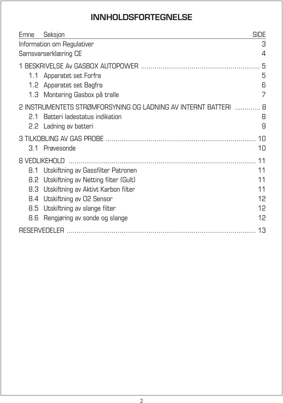 2 Ladning av batteri 9 3 TILKOBLING AV GAS PROBE... 10 3.1 Prøvesonde 10 8 VEDLIKEHOLD... 11 8.1 Utskiftning av Gassfilter Patronen 11 8.