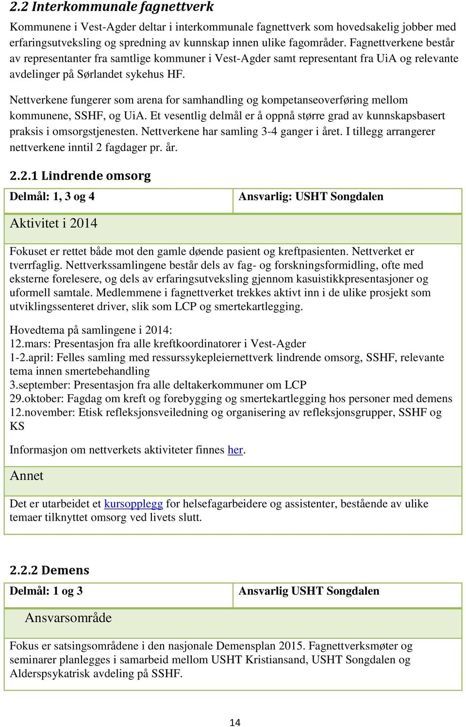 Nettverkene fungerer som arena for samhandling og kompetanseoverføring mellom kommunene, SSHF, og UiA. Et vesentlig delmål er å oppnå større grad av kunnskapsbasert praksis i omsorgstjenesten.