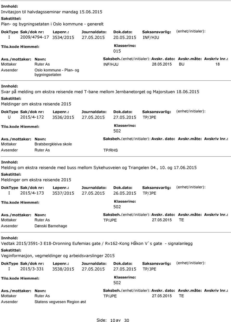 /mottaker: Navn: Saksbeh. Avskr. dato: Avskr.måte: Avskriv lnr.: Mottaker Bratsbergkleiva skole TP/RHS nnhold: Melding om ekstra reisende med buss mellom Sykehusveien og Triangelen 04., 10. og 17.06.