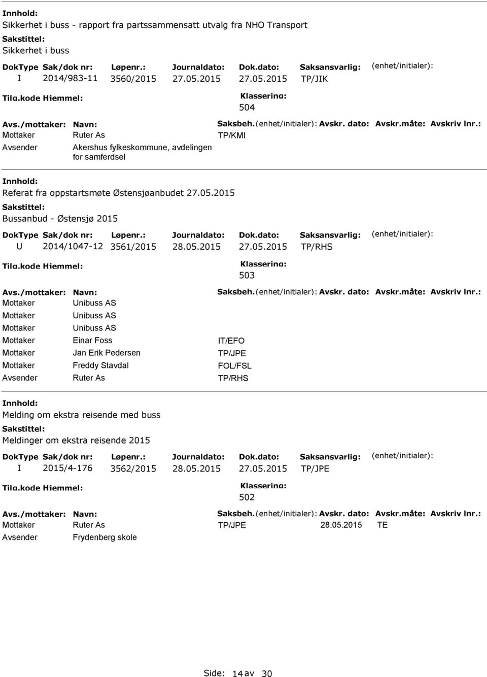 : TP/KM Akershus fylkeskommune, avdelingen for samferdsel nnhold: Referat fra oppstartsmøte Østensjøanbudet Bussanbud - Østensjø 2015 2014/1047-12 3561/2015 TP/RHS 503 Avs.