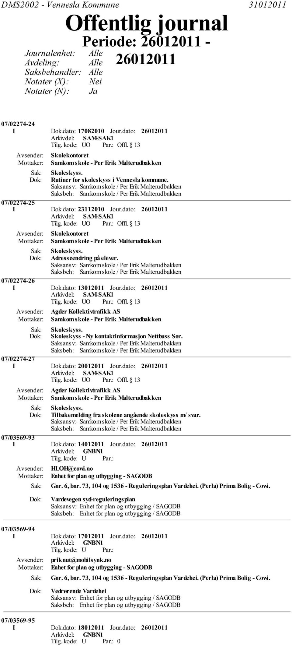 Saksansv: Samkom skole / Per Erik Malterudbakken Saksbeh: Samkom skole / Per Erik Malterudbakken 07/02274-25 I Dok.dato: 23112010 Jour.