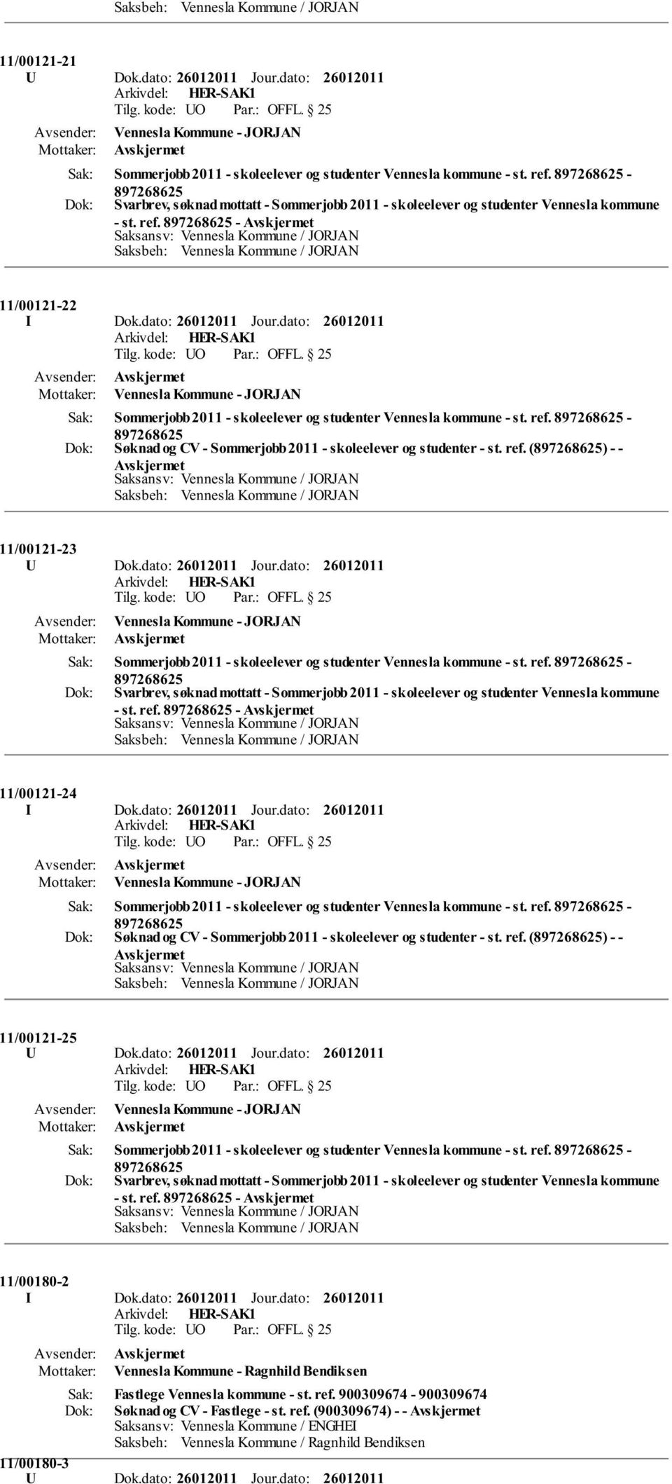 dato: Vennesla Kommune - JORJAN Sommerjobb 2011 - skoleelever og studenter Vennesla kommune - st. ref. - Søknad og CV - Sommerjobb 2011 - skoleelever og studenter - st. ref. () - - 11/00121-23 U Dok.