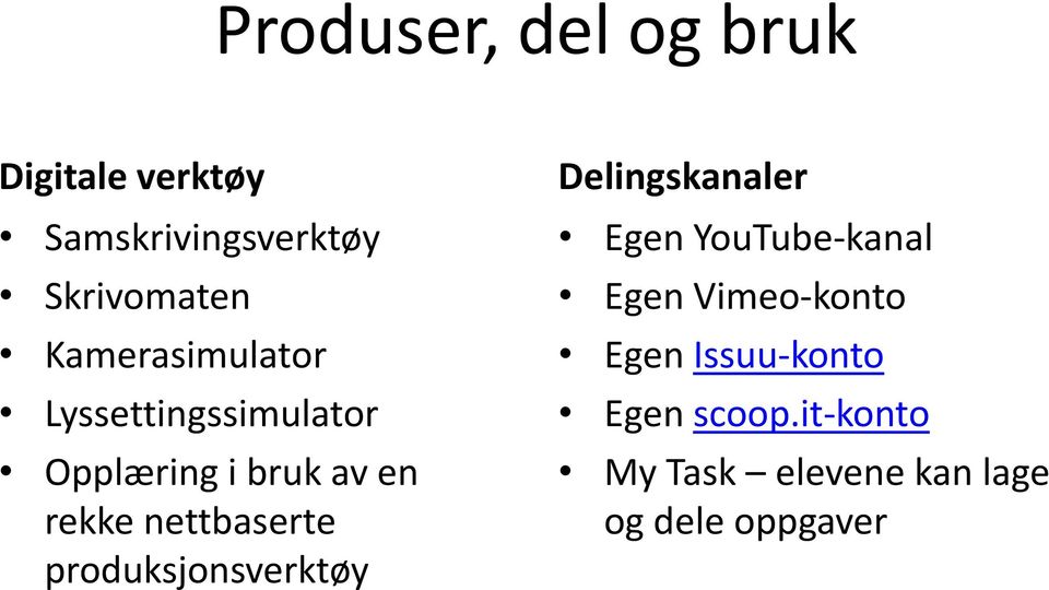 nettbaserte produksjonsverktøy Delingskanaler Egen YouTube-kanal Egen