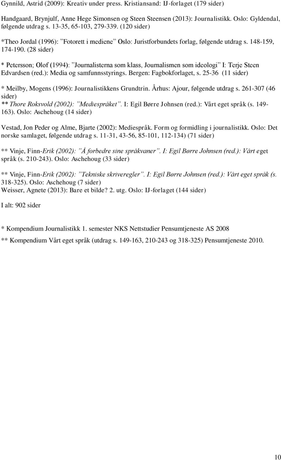 (28 sider) * Petersson; Olof (1994): Journalisterna som klass, Journalismen som ideologi I: Terje Steen Edvardsen (red.): Media og samfunnsstyrings. Bergen: Fagbokforlaget, s.