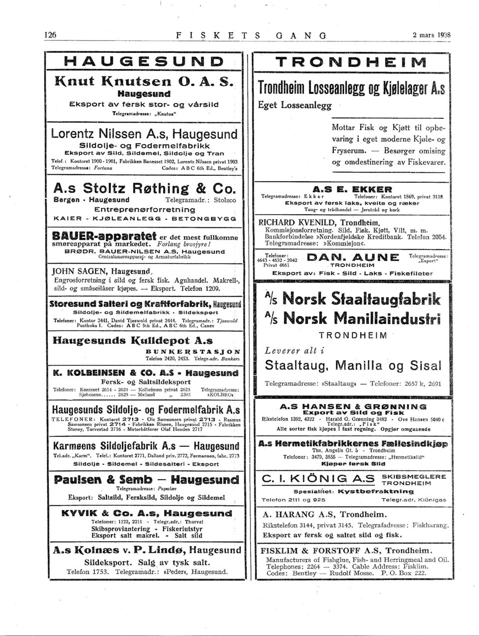 Sildemel, Sildolje og Tran Telef. : Kontoret 900-90, Fabrikken Benesset 902, Lorentz Nilssen privat 903 Telegramadresse: Fortuna Codes: A B C 6th Ed., Bentley's A.s Stoltz Røthing & CO.