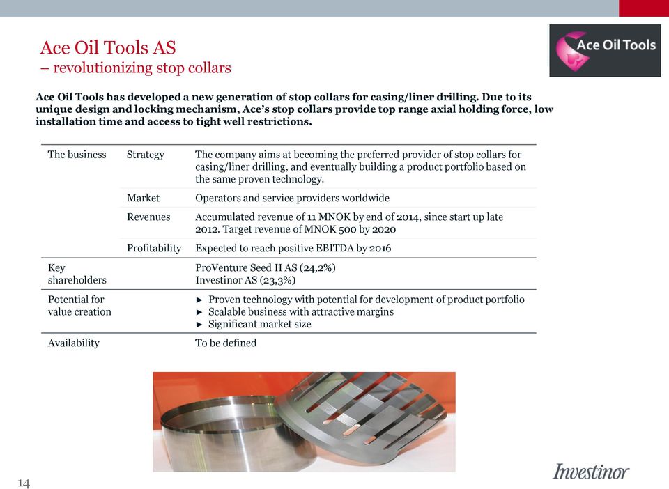 The business Strategy The company aims at becoming the preferred provider of stop collars for casing/liner drilling, and eventually building a product portfolio based on the same proven technology.