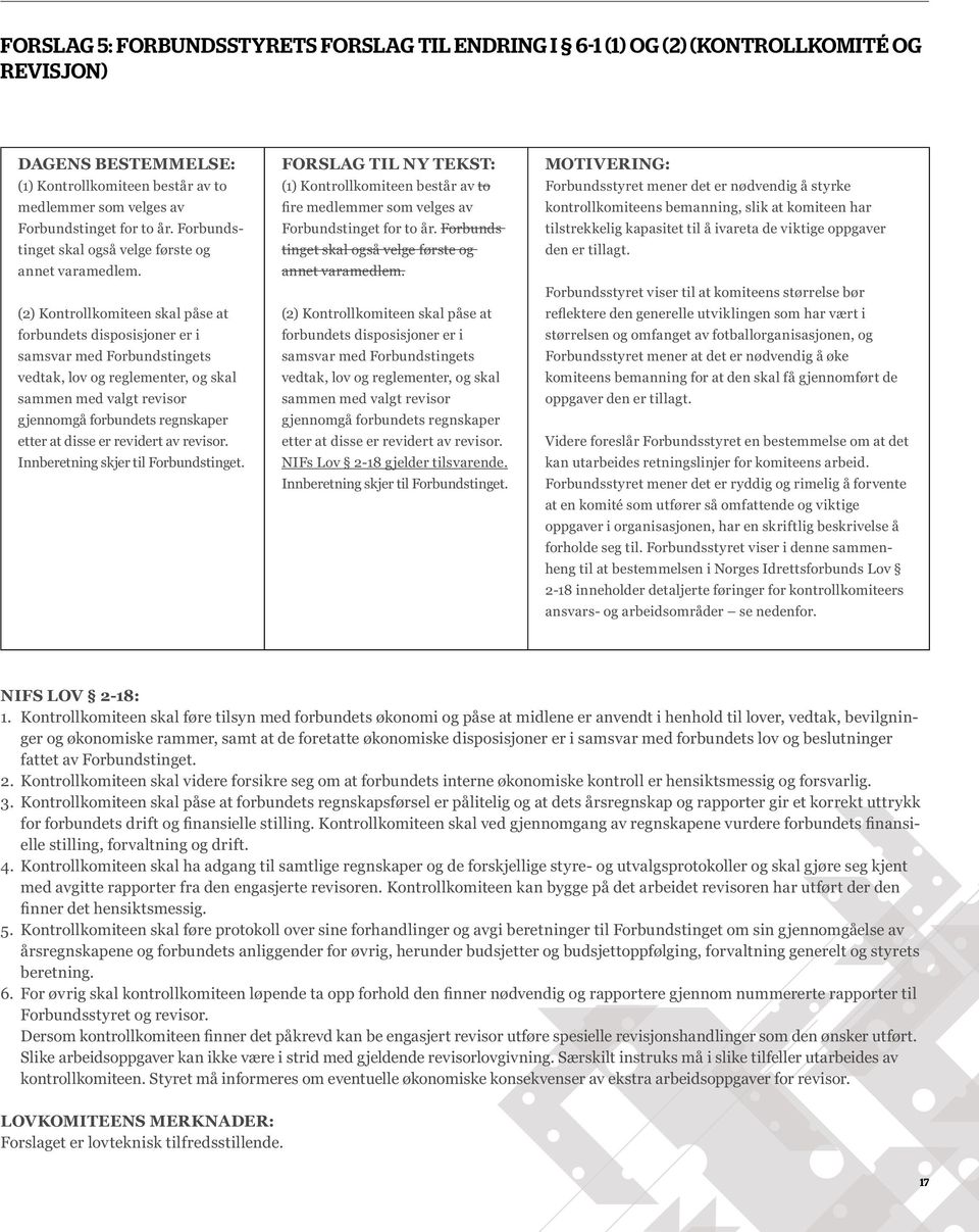 (2) Kontrollkomiteen skal påse at forbundets disposisjoner er i samsvar med Forbundstingets vedtak, lov og reglementer, og skal sammen med valgt revisor gjennomgå forbundets regnskaper etter at disse