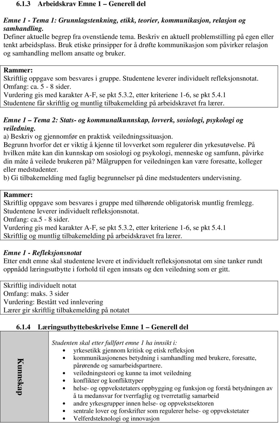 Rammer: Skriftlig oppgave som besvares i gruppe. Studentene leverer individuelt refleksjonsnotat. Omfang: ca. 5-8 sider. Vurdering gis med karakter A-F, se pkt 5.3.2, etter kriteriene 1-6, se pkt 5.4.