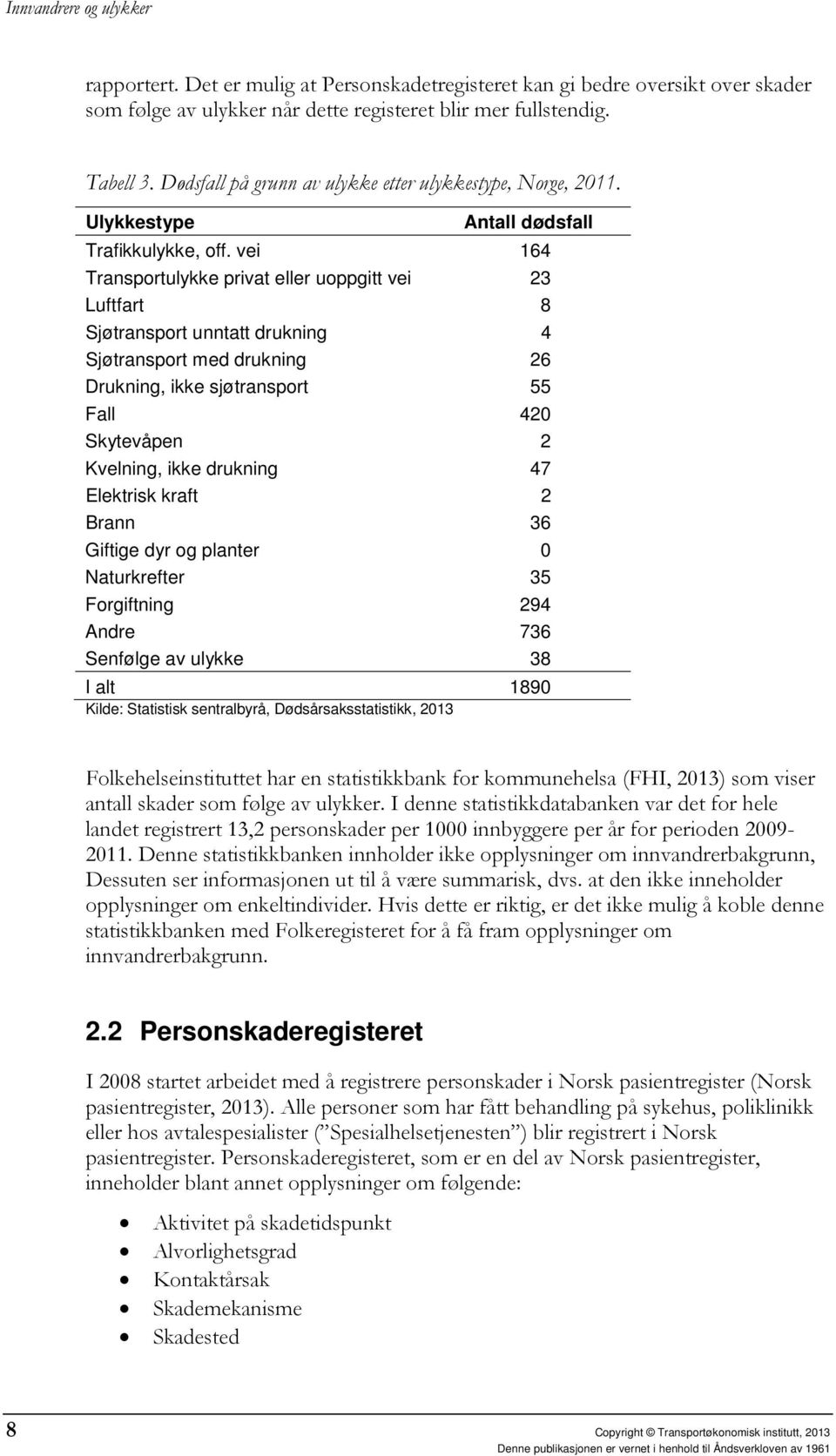 vei 164 Transportulykke privat eller uoppgitt vei 23 Luftfart 8 Sjøtransport unntatt drukning 4 Sjøtransport med drukning 26 Drukning, ikke sjøtransport 55 Fall 420 Skytevåpen 2 Kvelning, ikke