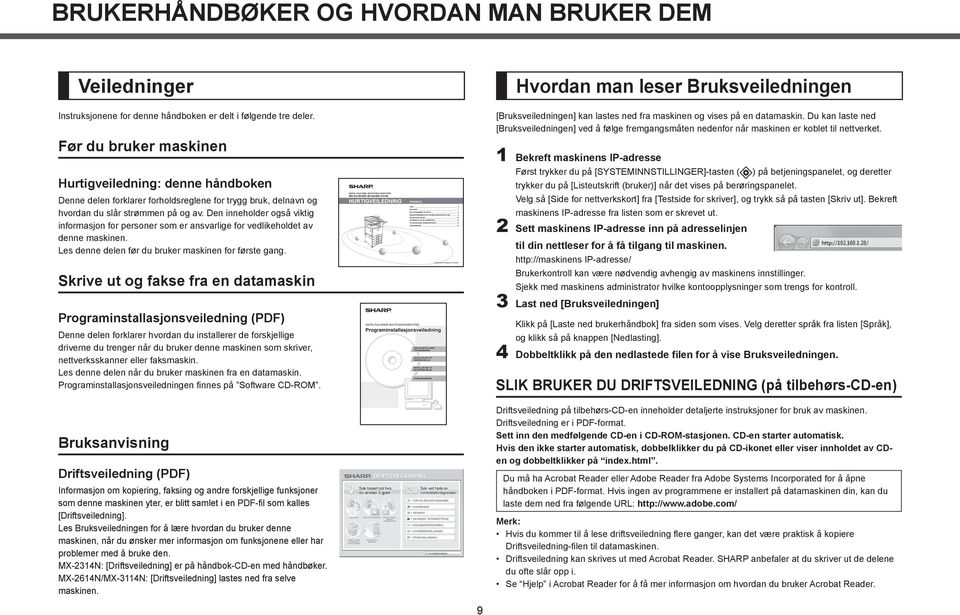 BRUKERHÅNDBØKER OG HVORDAN MAN BRUKER DEM Veiledninger Hvordan man leser Bruksveiledningen Instruksjonene for denne håndboken er delt i følgende tre deler.