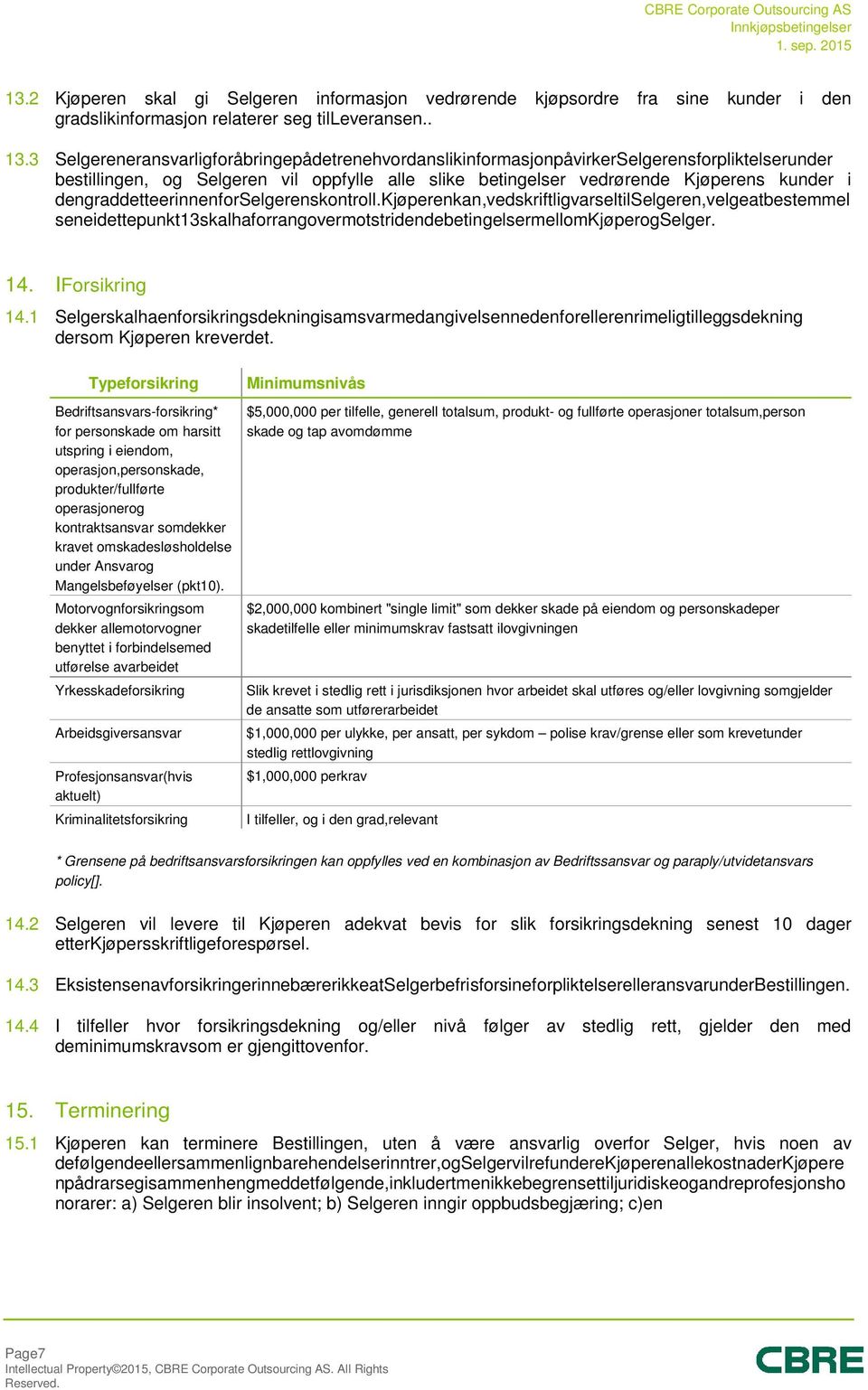 dengraddetteerinnenforselgerenskontroll.kjøperenkan,vedskriftligvarseltilselgeren,velgeatbestemmel seneidettepunkt13skalhaforrangovermotstridendebetingelsermellomkjøperogselger. 14. IForsikring 14.