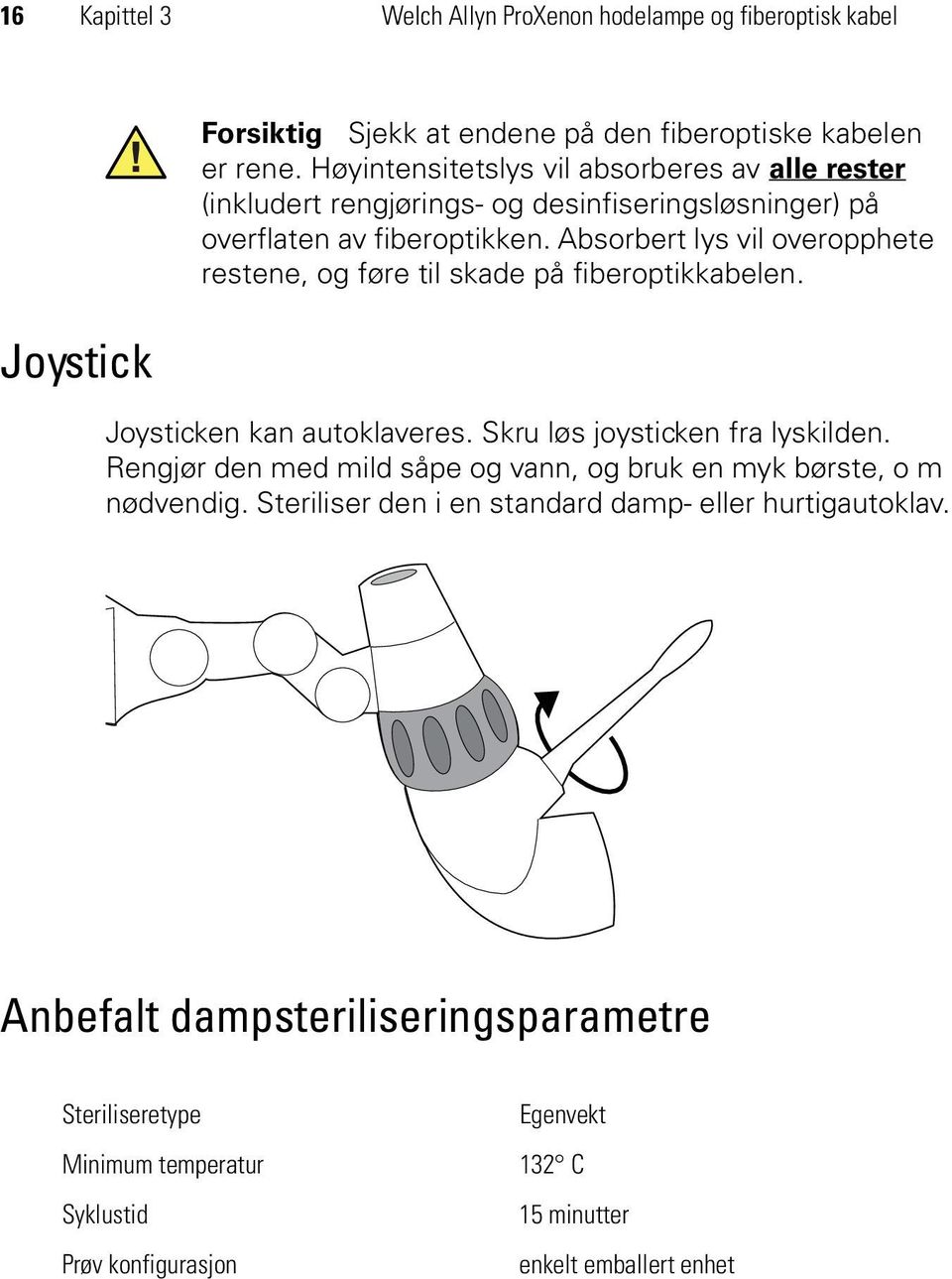 Absorbert lys vil overopphete restene, og føre til skade på fiberoptikkabelen. Joysticken kan autoklaveres. Skru løs joysticken fra lyskilden.