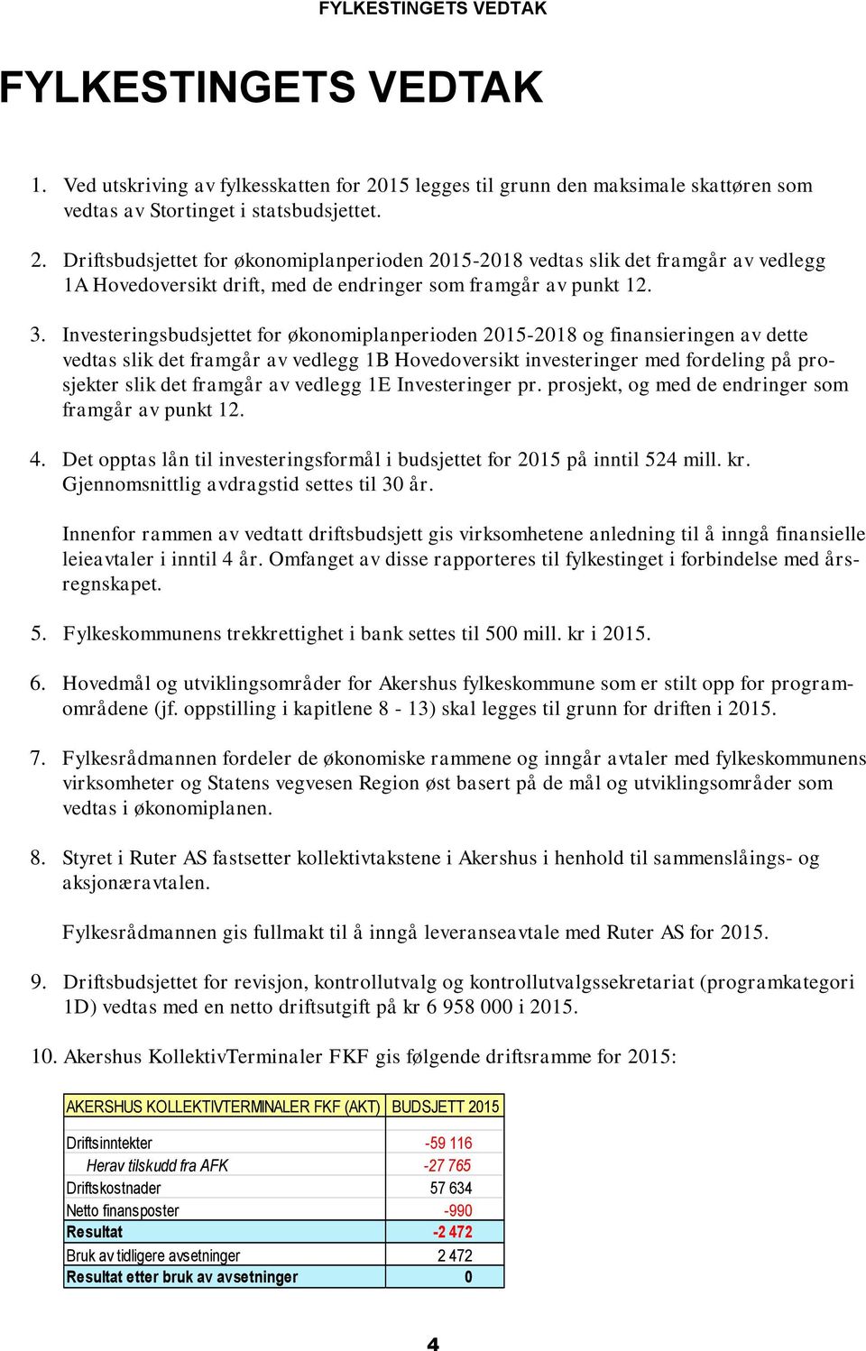 Driftsbudsjettet for økonomiplanperioden 2015-2018 vedtas slik det framgår av vedlegg 1A Hovedoversikt drift, med de endringer som framgår av punkt 12. 3.