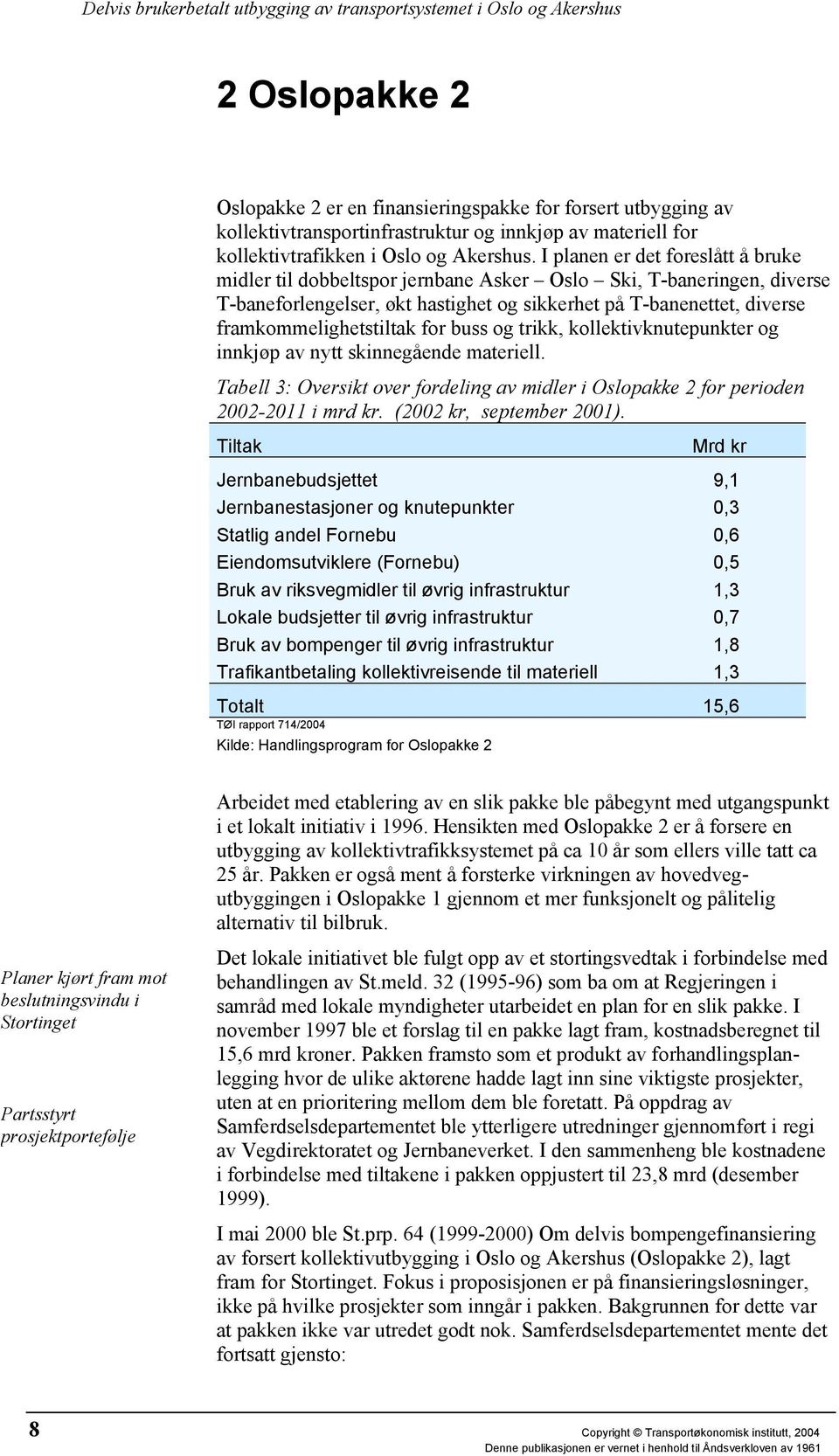 for buss og trikk, kollektivknutepunkter og innkjøp av nytt skinnegående materiell. Tabell 3: Oversikt over fordeling av midler i Oslopakke 2 for perioden 2002-2011 i mrd kr.