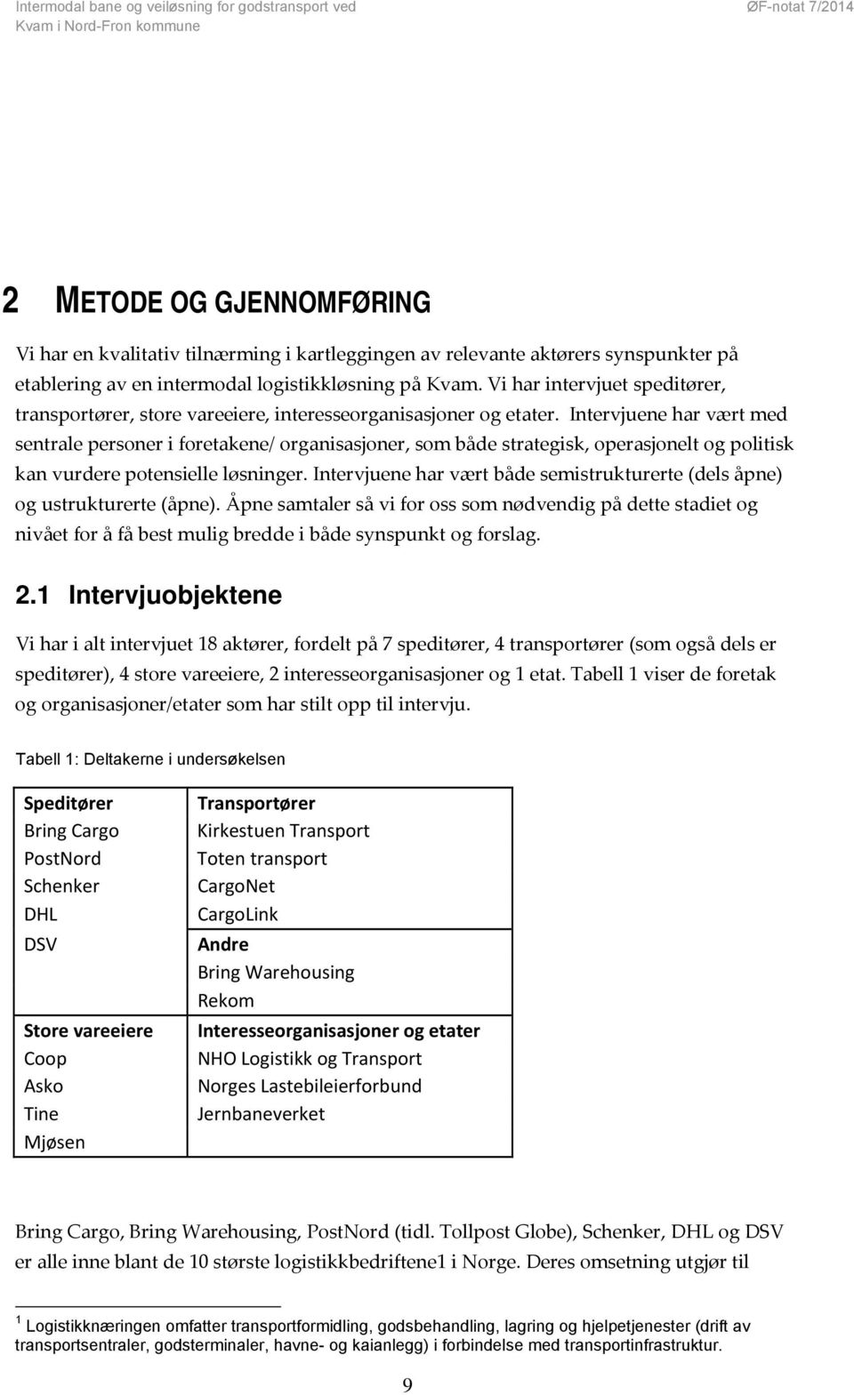 Intervjuene har vært med sentrale personer i foretakene/ organisasjoner, som både strategisk, operasjonelt og politisk kan vurdere potensielle løsninger.