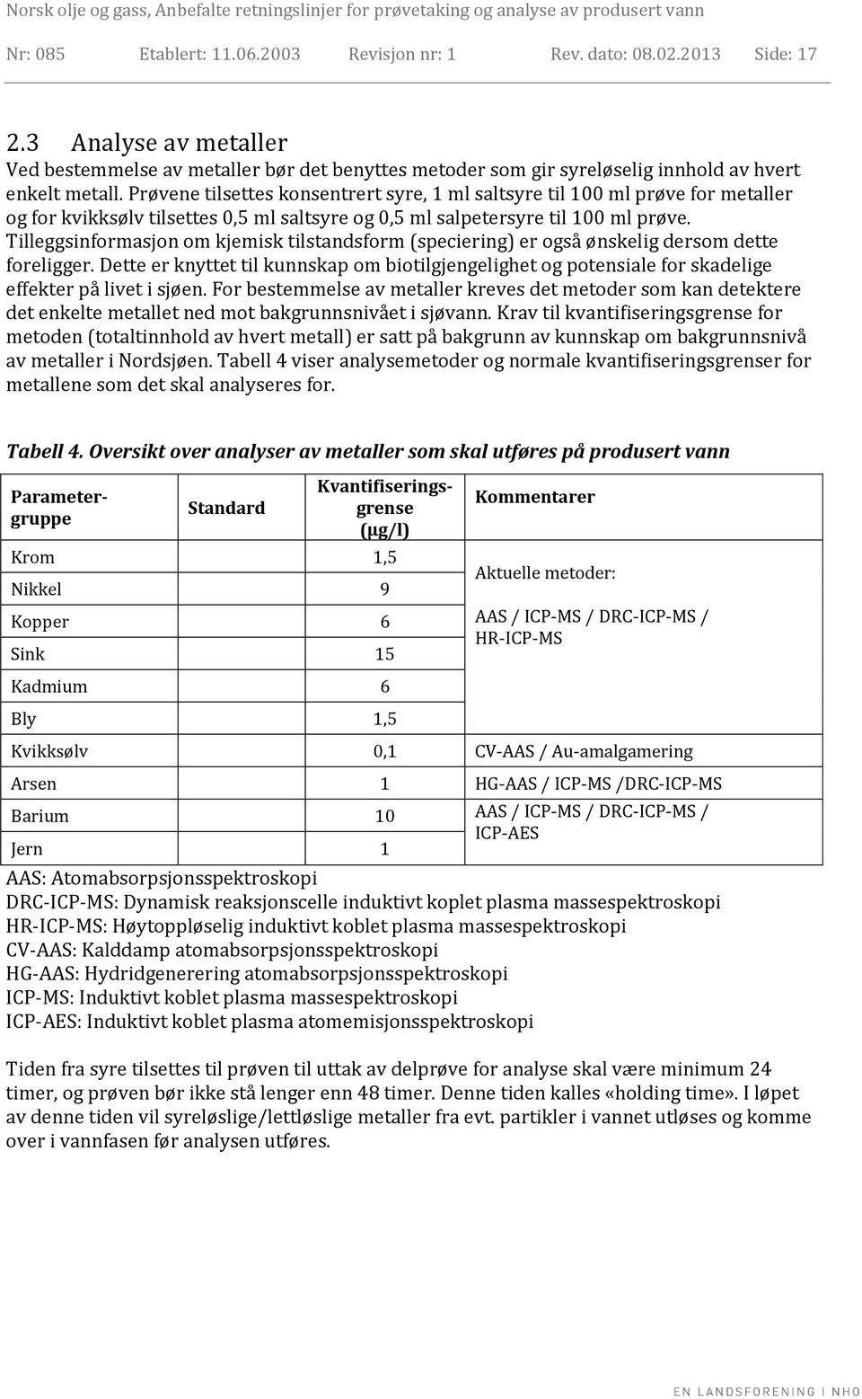 Prøvene tilsettes konsentrert syre, 1 ml saltsyre til 100 ml prøve for metaller og for kvikksølv tilsettes 0,5 ml saltsyre og 0,5 ml salpetersyre til 100 ml prøve.