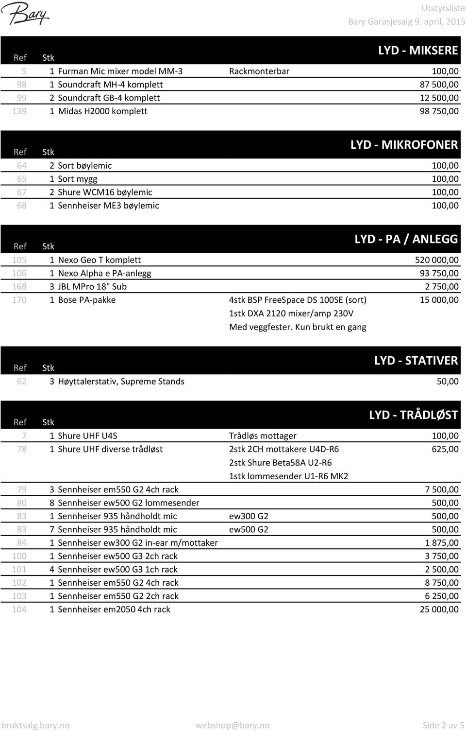 Nexo+Alpha+e+PAKanlegg 93+750,00 168 3 JBL+MPro+18"+Sub 2+750,00 170 1 Bose+PAKpakke 4stk+BSP+FreeSpace+DS+100SE+(sort) 1stk+DXA+2120+mixer/amp+230V Med+veggfester.