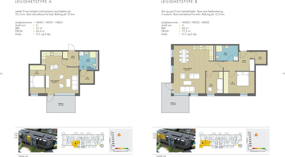 Leilighetsnummer H0402 - H0502 - H0602 Antall rom 3 BRA 82 m 2 P-ROM 77,5 m 2 Etasje 4,5, og 6 etg. entre 4.2 m² bad 6.4 m² bad 7.0 m² entre 8.8 m² bod 3.5 m² trapp/ leil. H0401 stue/ opphold 38.