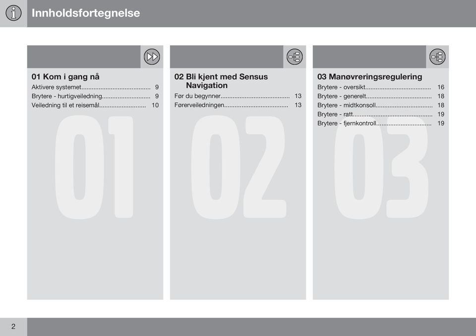 .. 13 02 Førerveiledningen... 13 03 Manøvreringsregulering 03 Brytere - oversikt.