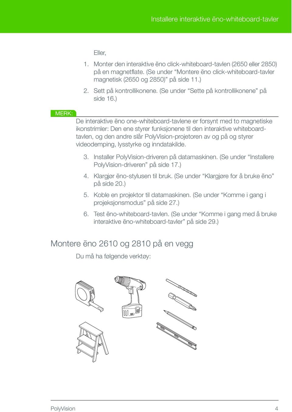 ) De interaktive ēno one-whiteboard-tavlene er forsynt med to magnetiske ikonstrimler: Den ene styrer funksjonene til den interaktive whiteboardtavlen, og den andre slår PolyVision-projetoren av og