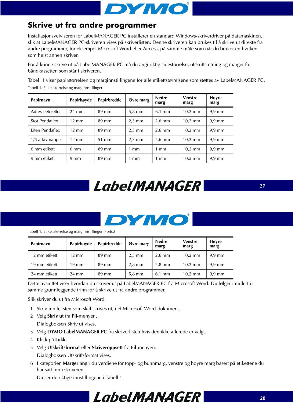 For å kunne skrive ut på LabelMANAGER PC må du angi riktig sidestørrelse, utskriftsretning og marger for båndkassetten som står i skriveren.