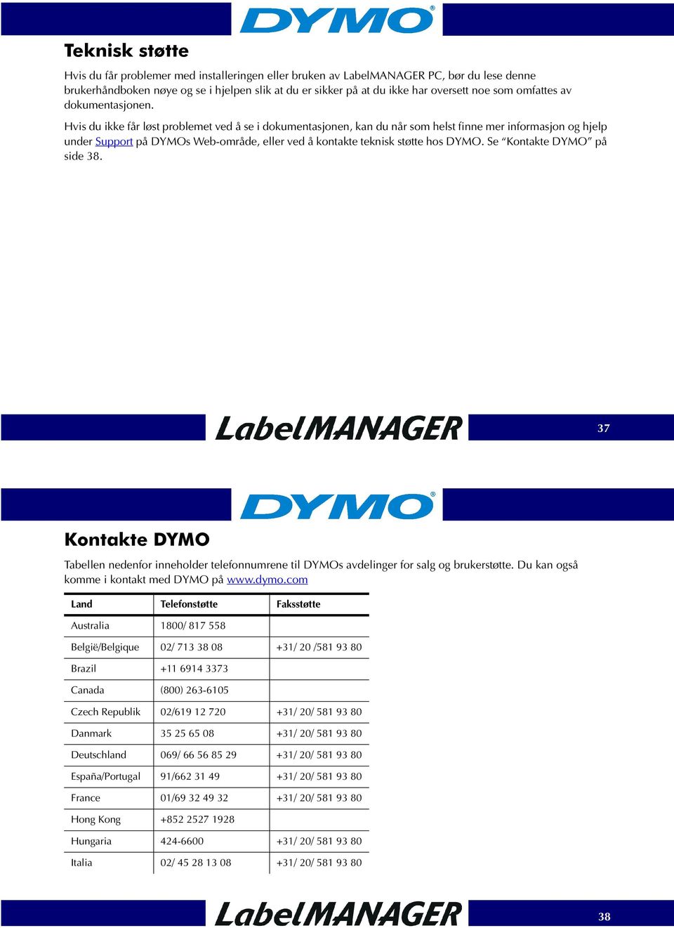 Hvis du ikke får løst problemet ved å se i dokumentasjonen, kan du når som helst finne mer informasjon og hjelp under Support på DYMOs Web-område, eller ved å kontakte teknisk støtte hos DYMO.