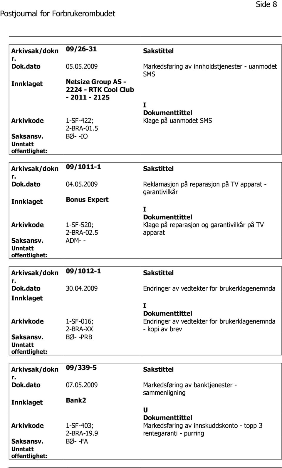 2009 Reklamasjon på reparasjon på TV apparat - garantivilkår nnklaget Bonus Expert Arkivkode 1-SF-520; 2-BRA-02.5 Klage på reparasjon og garantivilkår på TV apparat Saksansv.