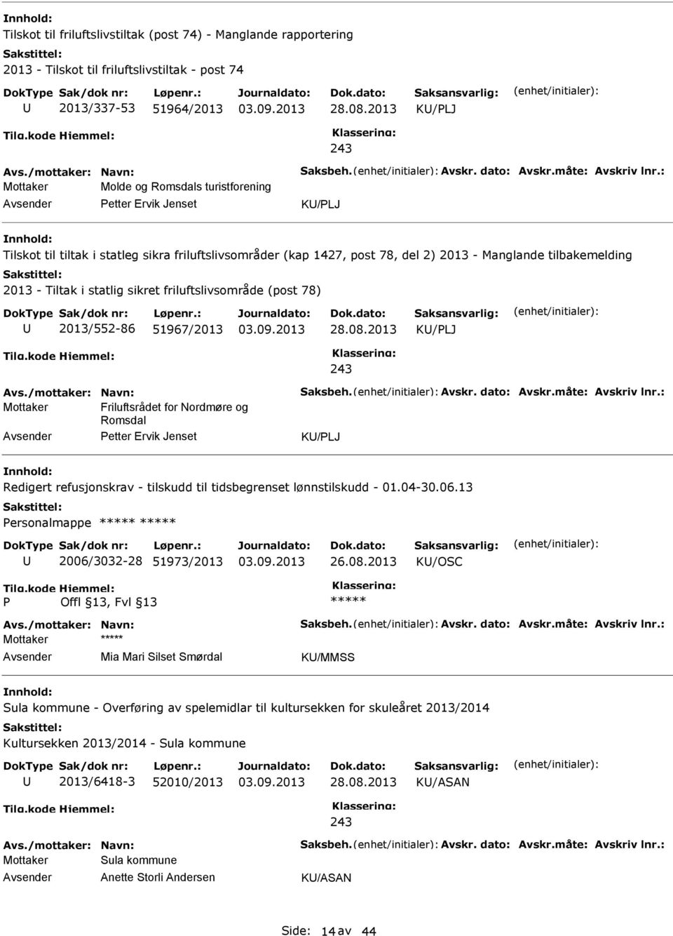 : Mottaker Molde og Romsdals turistforening Petter Ervik Jenset K/PLJ Tilskot til tiltak i statleg sikra friluftslivsområder (kap 1427, post 78, del 2) 2013 - Manglande tilbakemelding 2013 - Tiltak i