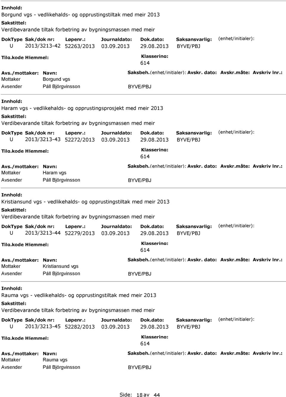 : Mottaker Borgund vgs Páll Björgvinsson BYVE/PBJ Haram vgs - vedlikehalds- og opprustingsprosjekt med meir 2013 Verdibevarande tiltak forbetring av bygningsmassen med meir 2013/3213-43 52272/2013