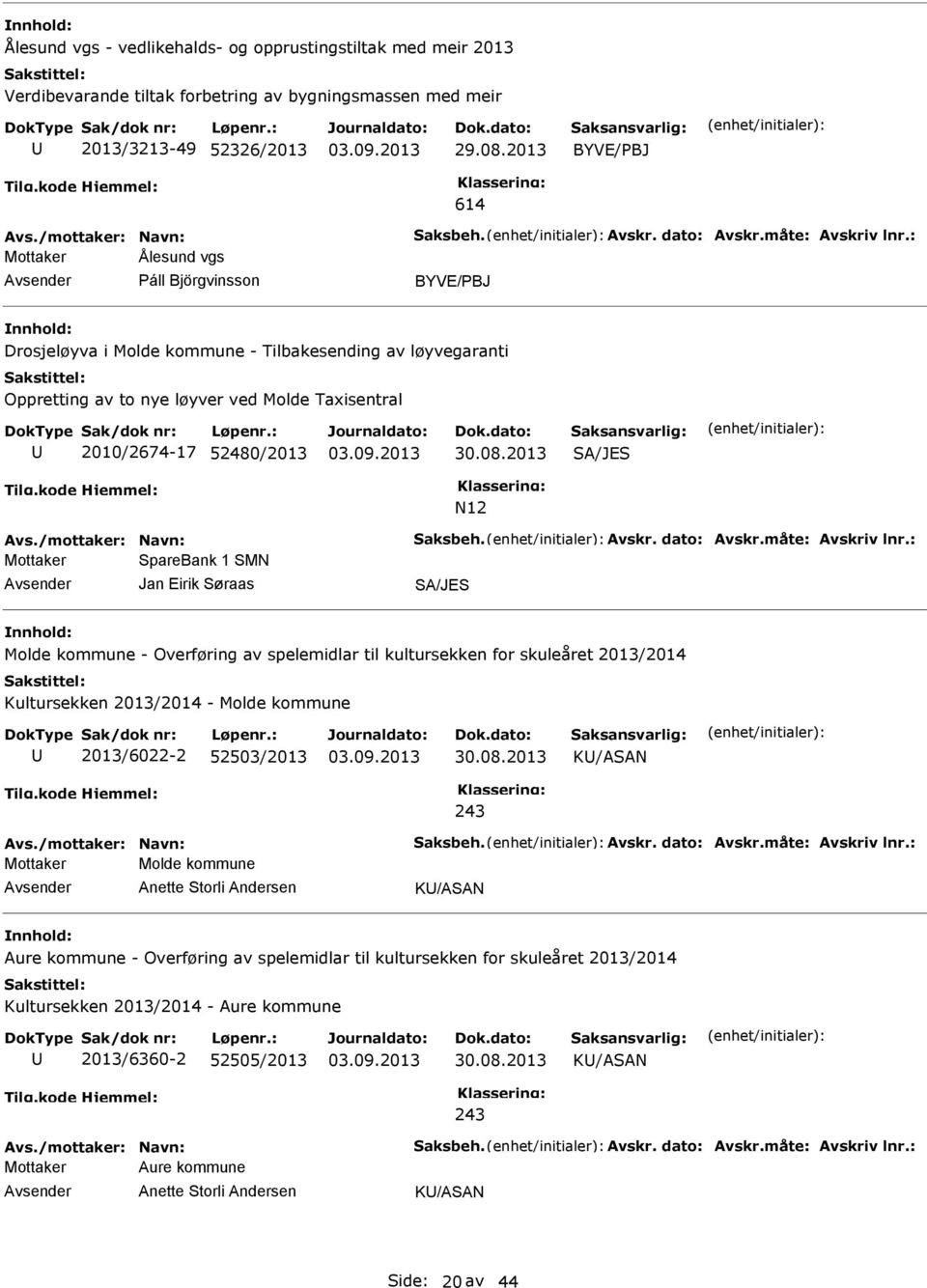 : Mottaker Ålesund vgs Páll Björgvinsson BYVE/PBJ Drosjeløyva i Molde kommune - Tilbakesending av løyvegaranti Oppretting av to nye løyver ved Molde Taxisentral 2010/2674-17 52480/2013 SA/JES N12 Avs.