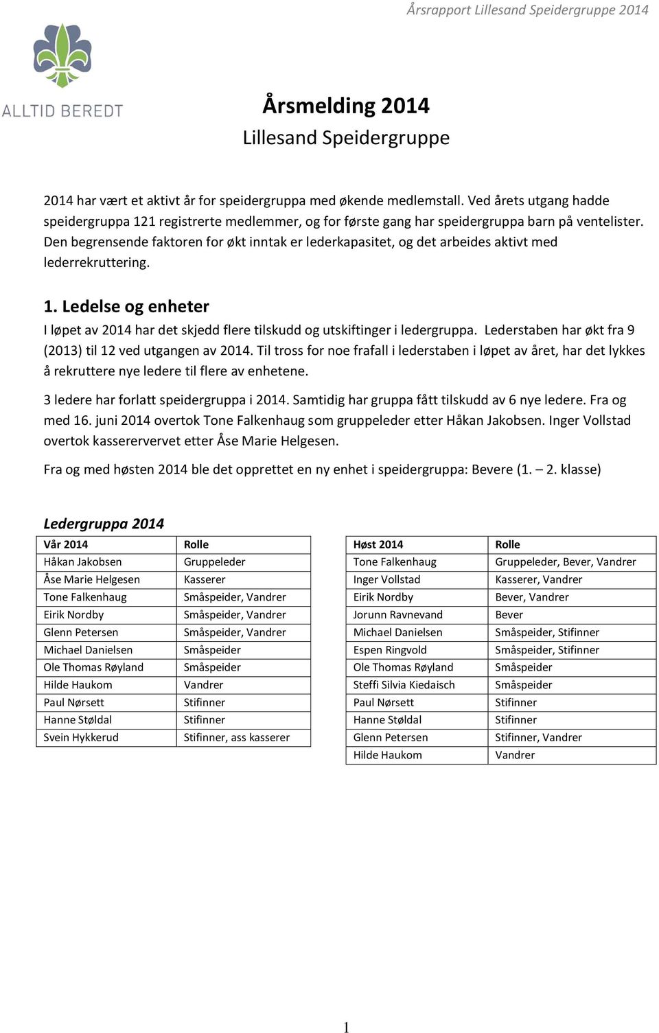 Den begrensende faktoren for økt inntak er lederkapasitet, og det arbeides aktivt med lederrekruttering. 1. Ledelse og enheter I løpet av 2014 har det skjedd flere tilskudd og utskiftinger i leder.