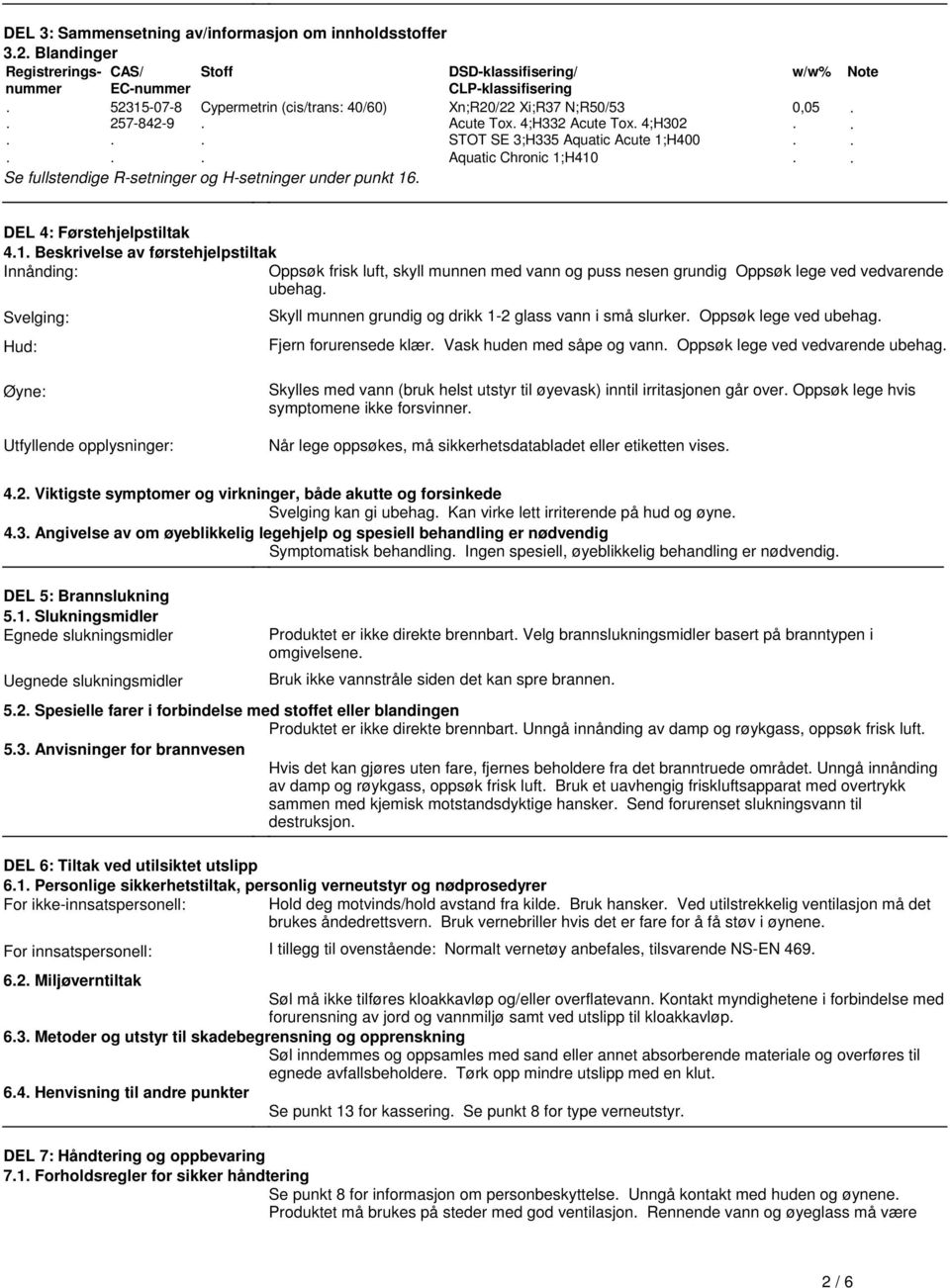 Note DEL 4: Førstehjelpstiltak 41 Beskrivelse av førstehjelpstiltak Innånding: Oppsøk frisk luft, skyll munnen med vann og puss nesen grundig Oppsøk lege ved vedvarende ubehag Svelging: Hud: Skyll