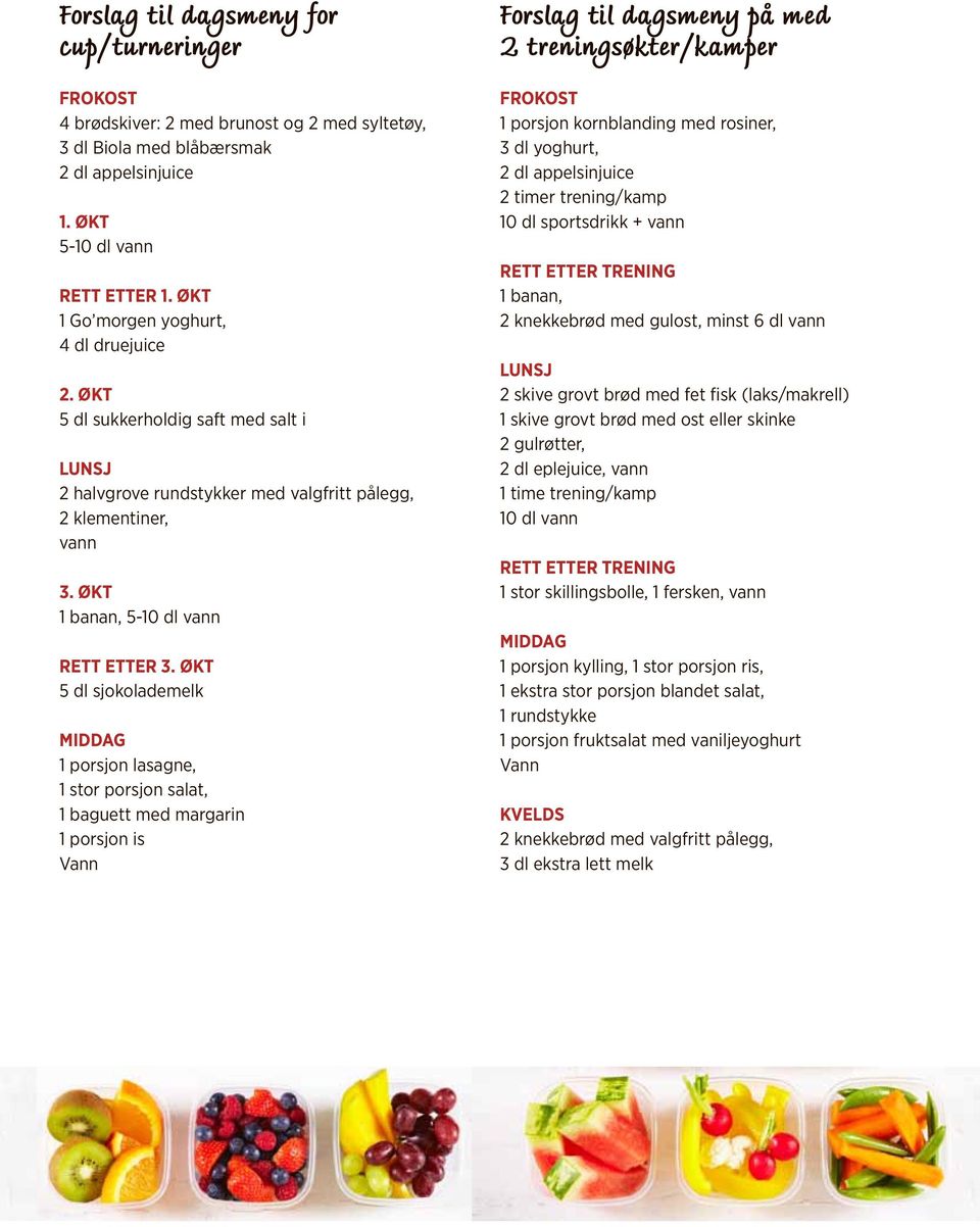 økt 5 dl sjokolademelk Middag 1 porsjon lasagne, 1 stor porsjon salat, 1 baguett med margarin 1 porsjon is Vann Forslag til dagsmeny på med 2 treningsøkter/kamper Frokost 1 porsjon kornblanding med