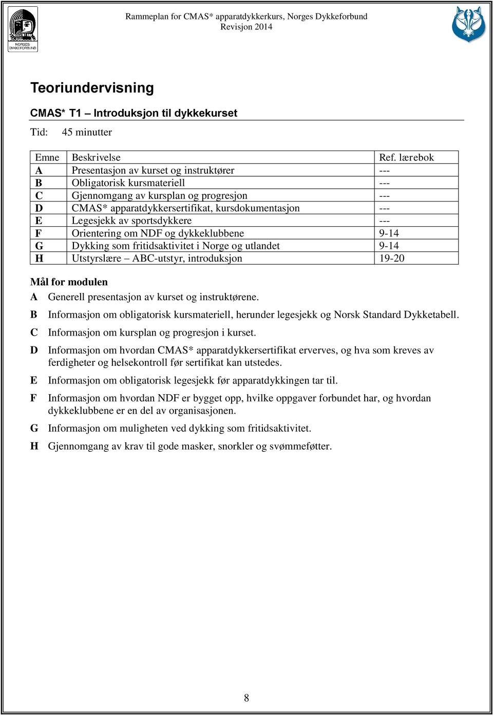 sportsdykkere --- F Orientering om NDF og dykkeklubbene 9-14 G Dykking som fritidsaktivitet i Norge og utlandet 9-14 H Utstyrslære ABC-utstyr, introduksjon 19-20 Mål for modulen A Generell