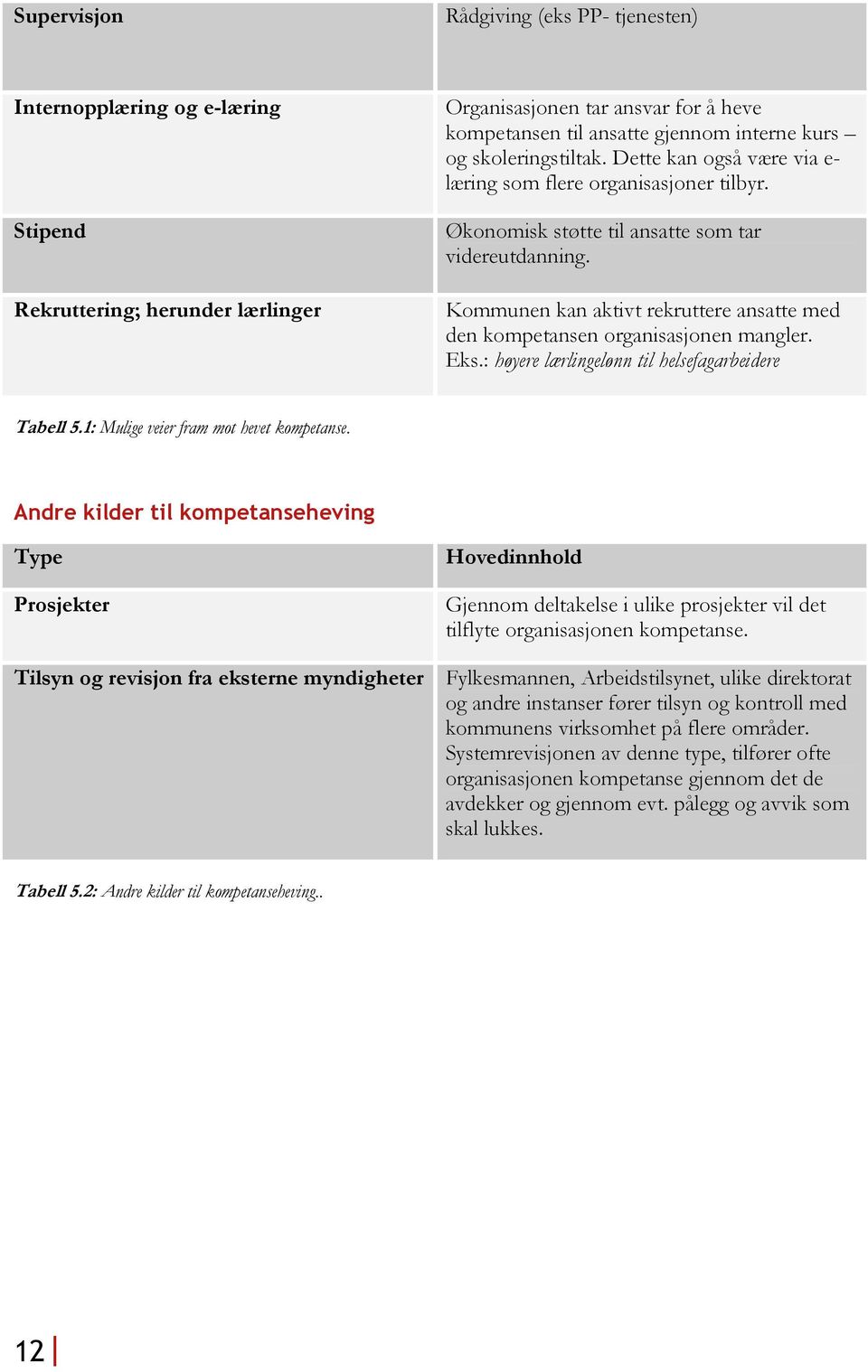 Kommunen kan aktivt rekruttere ansatte med den kompetansen organisasjonen mangler. Eks.: høyere lærlingelønn til helsefagarbeidere Tabell 5.1: Mulige veier fram mot hevet kompetanse.