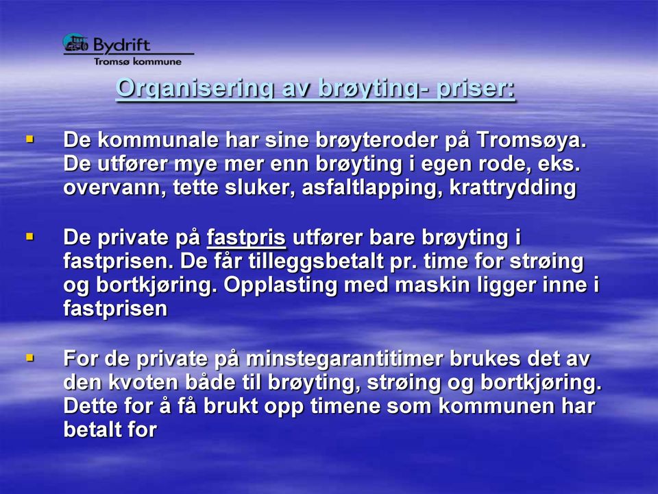 overvann, tette sluker, asfaltlapping, krattrydding De private på fastpris utfører bare brøyting i fastprisen.