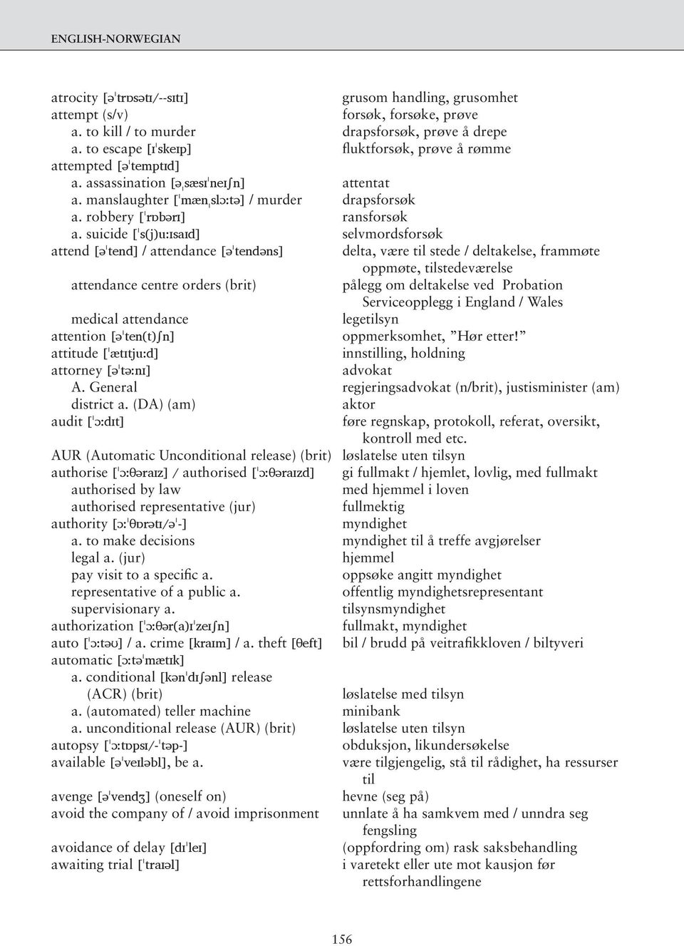 suicide [ˈs(j)u:ɪsaɪd] selvmordsforsøk attend [əˈtend] / attendance [əˈtendəns] delta, være til stede / deltakelse, frammøte oppmøte, tilstedeværelse attendance centre orders (brit) pålegg om