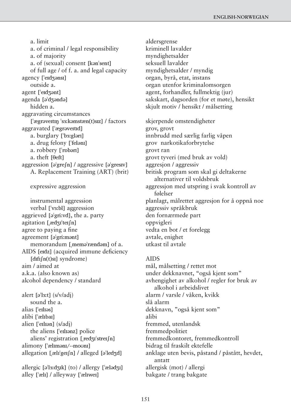 skjult motiv / hensikt / målsetting aggravating circumstances [ˈægrəveɪtɪŋ ˈsɜ:kəmstæn(t)sɪz] / factors skjerpende omstendigheter aggravated [ˈægrəveɪtɪd] grov, grovt a.