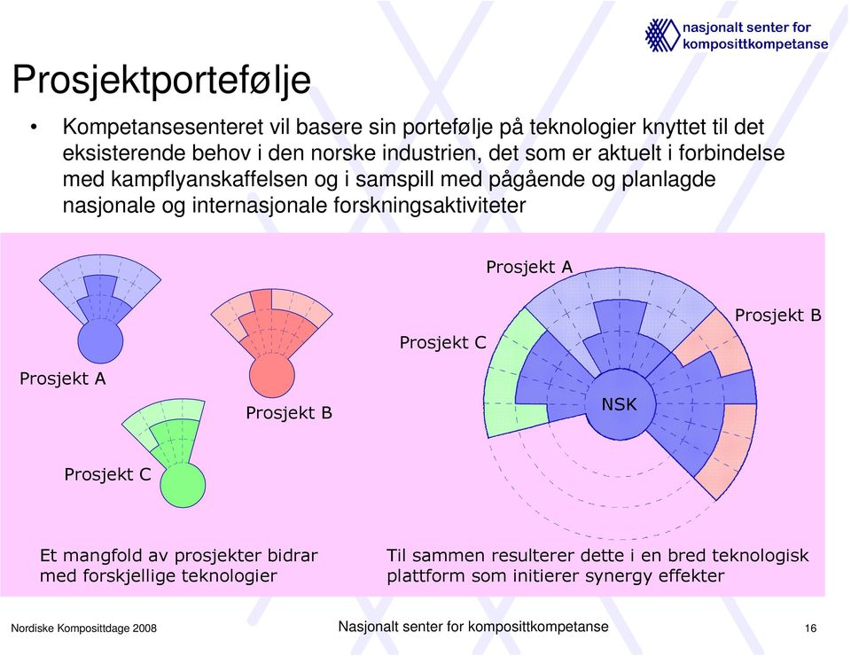 Prosjekt A Prosjekt C Prosjekt B Prosjekt A Prosjekt B NSK Prosjekt C Et mangfold av prosjekter bidrar med forskjellige teknologier Til sammen