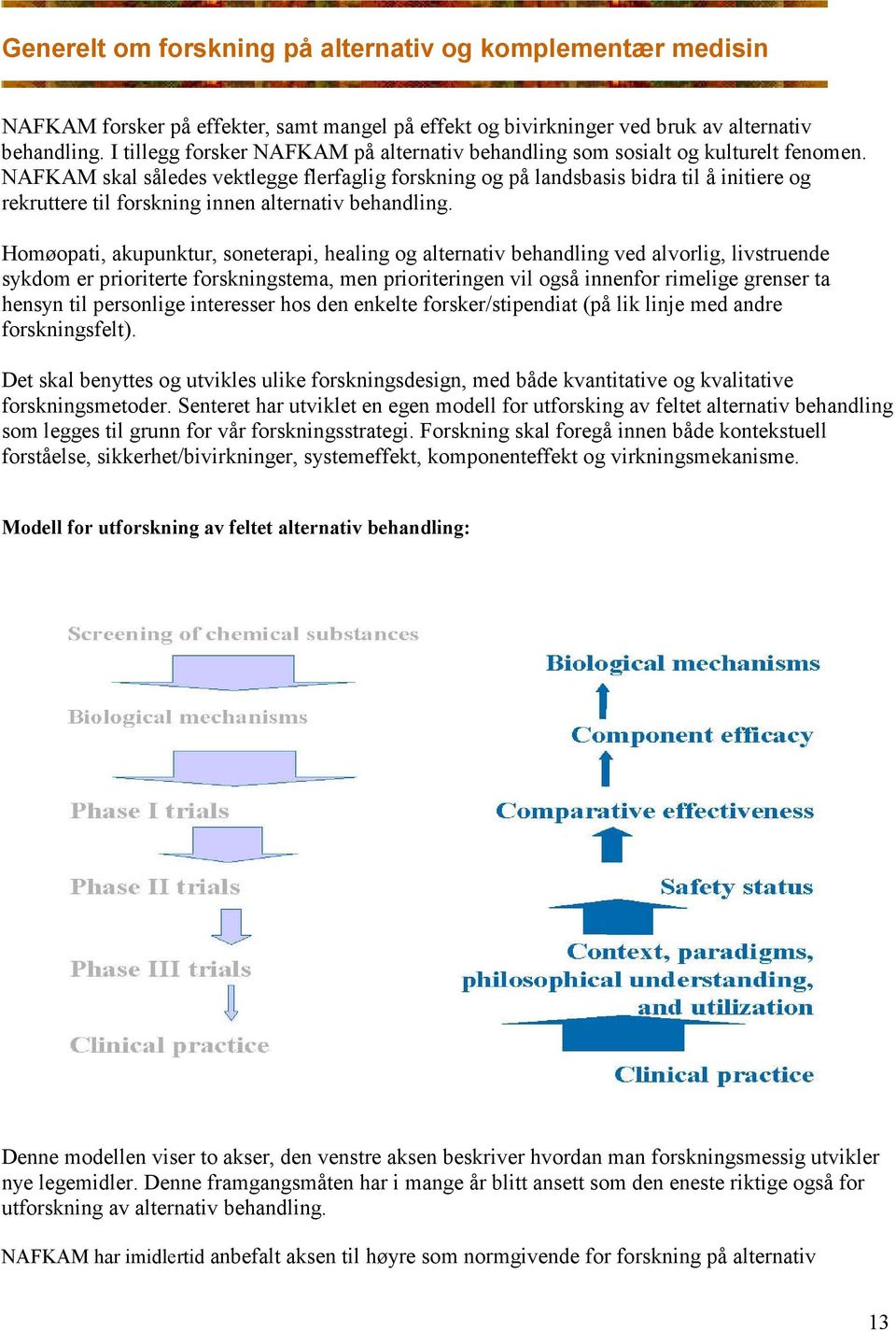 NAFKAM skal således vektlegge flerfaglig forskning og på landsbasis bidra til å initiere og rekruttere til forskning innen alternativ behandling.